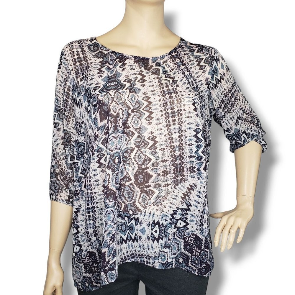 Maurices Sheer High Low Blouse Womens 2X Blue Printed Boho Pullover